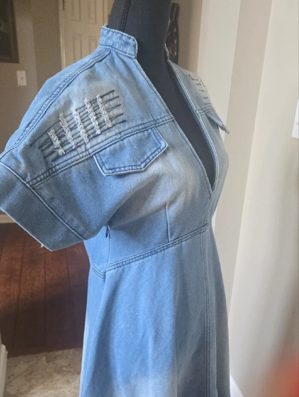 Blue Denim V-Neck Midi Dress with Frayed Hem